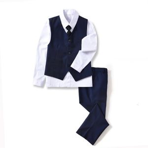 4 Piece Boys' Formal Suit Set with Vest Pants Dress Shirt and Tie